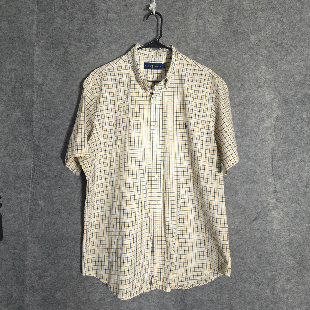 Ralph Lauren Shirt Mens XL Yellow Blue Tattersall Check Cotton Short Sleeve Pony